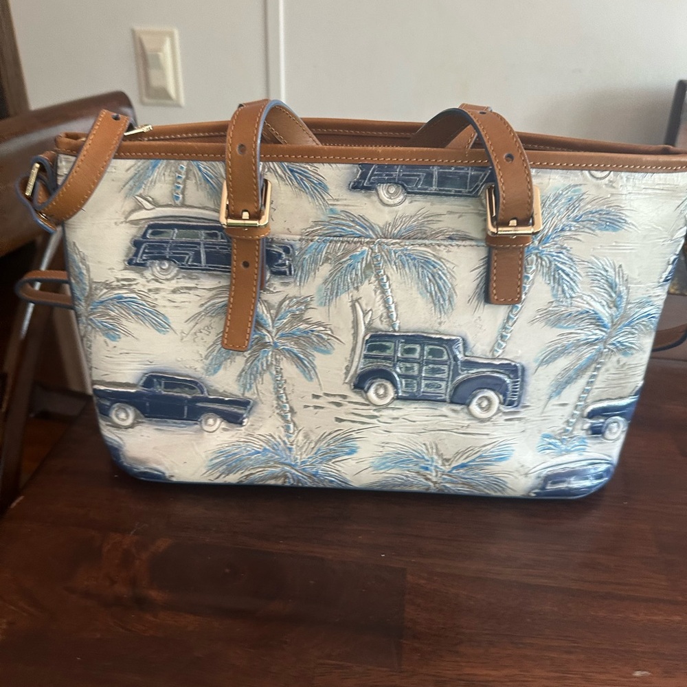 Tropical Print Handbag with Tan Straps